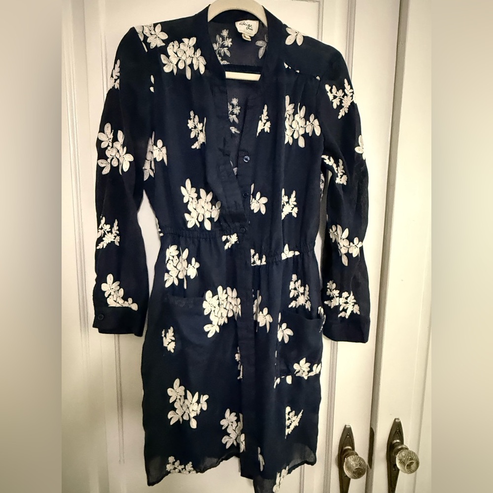 Navy Floral Button-Front Shirt Dress with Pockets
